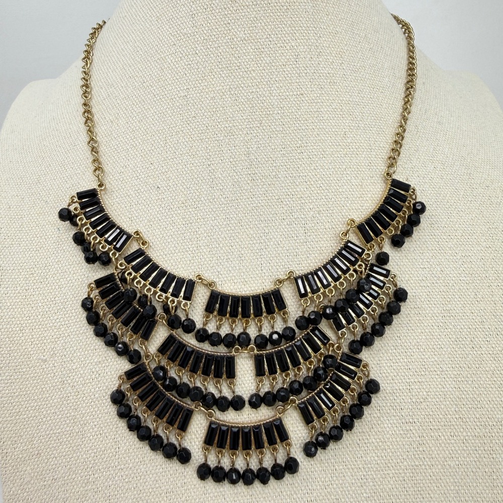Black Tiered Bib Necklace Statement Faceted Bead Baguette‎ Fringe Gold Tone